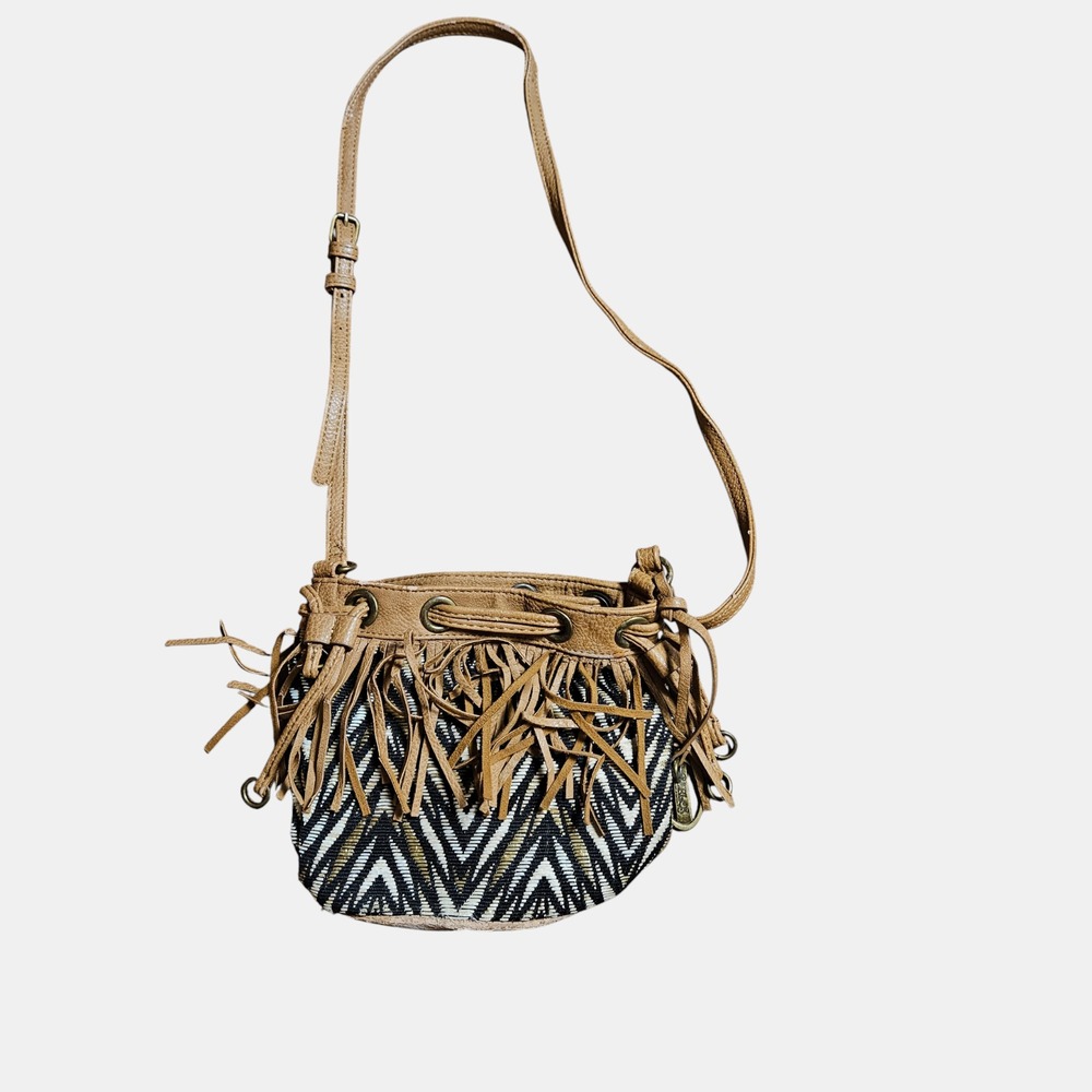 Carlos Santana Fringe‎ Bucket  Crossbody Bag Metal Logo Boho Festival Hippie